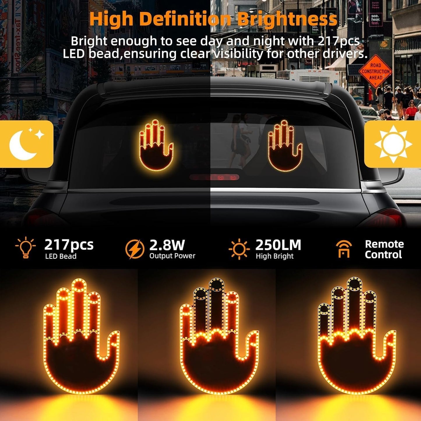 Car Finger Light With Remote 3 In 1 Light Up Finger LED Hand Gesture For Back Window